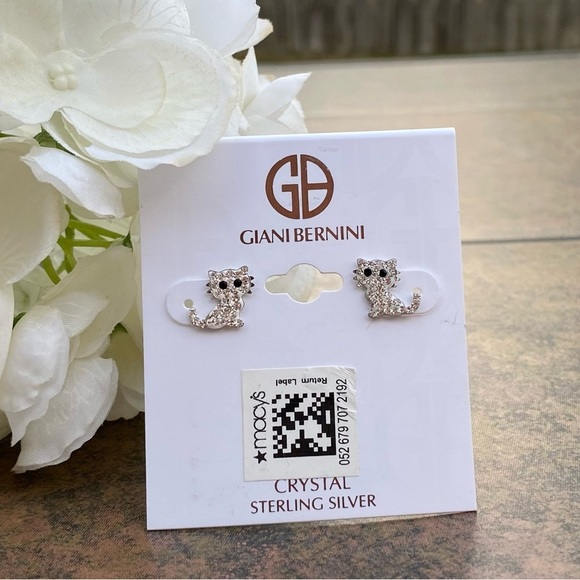 NWT GIANI BERNINI STERLING SILVER CLEAR PAVE CRYSTAL CAT KITTEN STUD EARRINGS - Picture 3 of 10